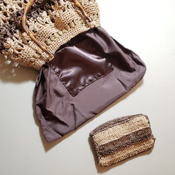 Vintage Woven Straw Rattan purse, Cottagecore Boho bow bamboo handle W/ wallet - Picture 9 of 9